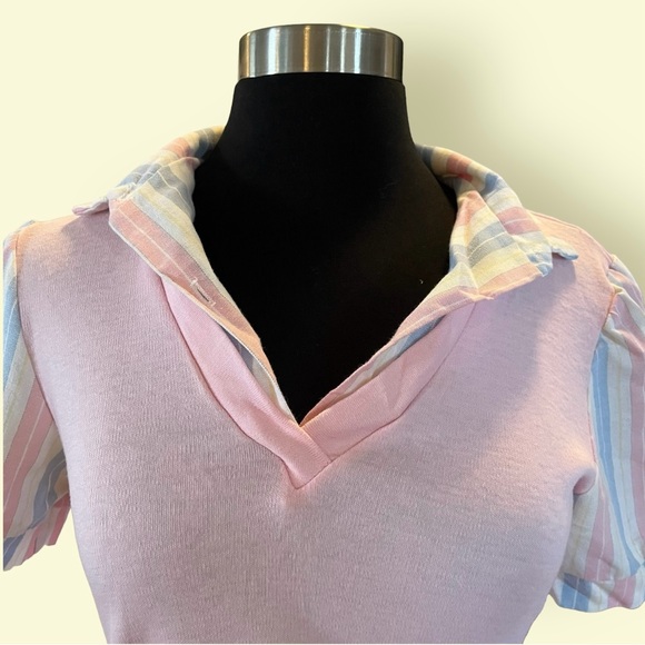 Vintage 80s Sears pink striped puff sleeve semi cropped vest top S - Picture 4 of 8